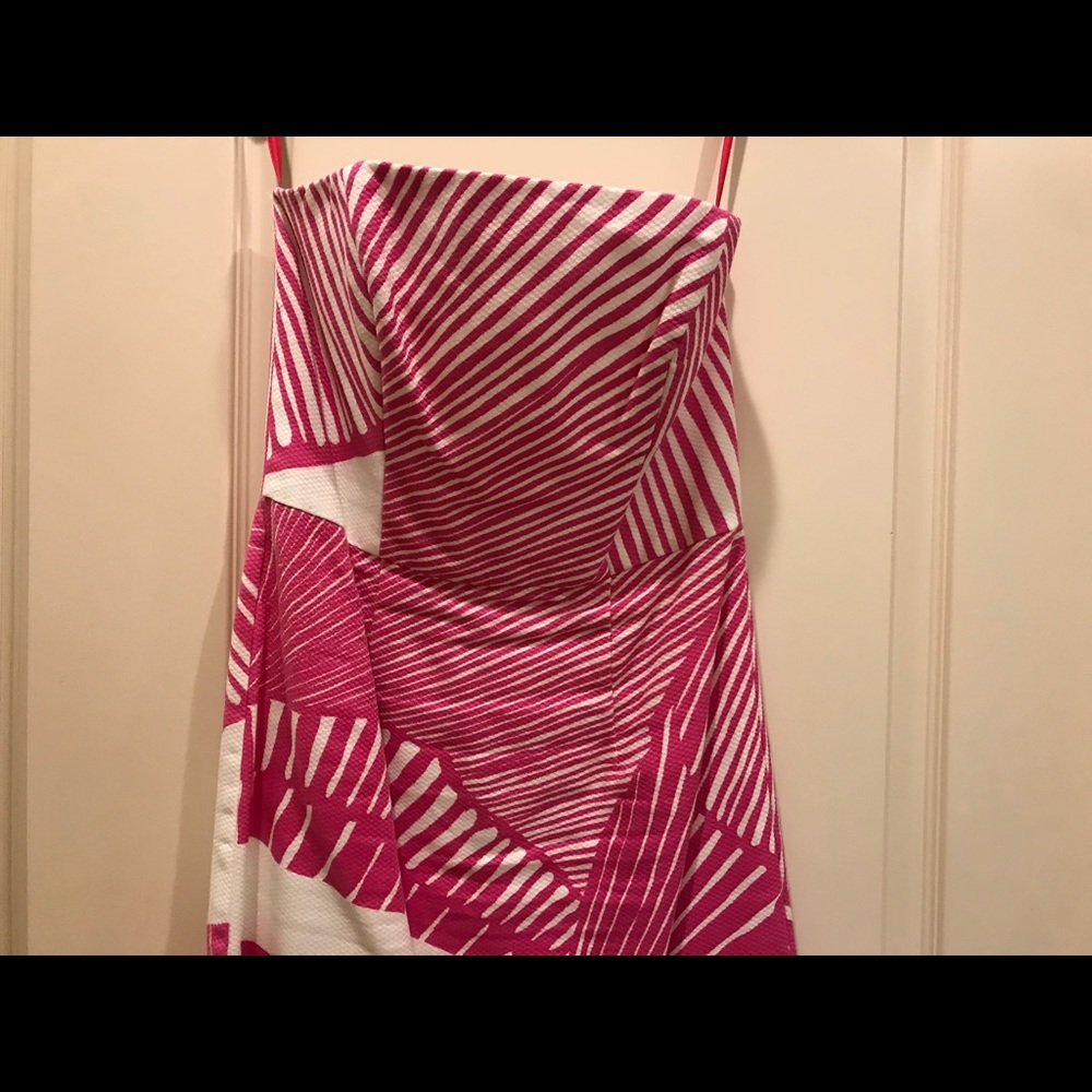 Classic pink and white strapless Milly dress